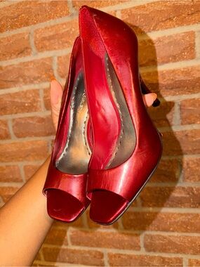 BCBG Red Metallic Peep-Toe Heels